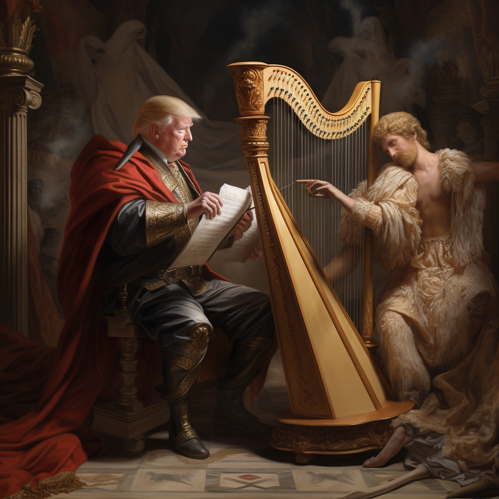 Donald Trump playing the harp for Louis 14