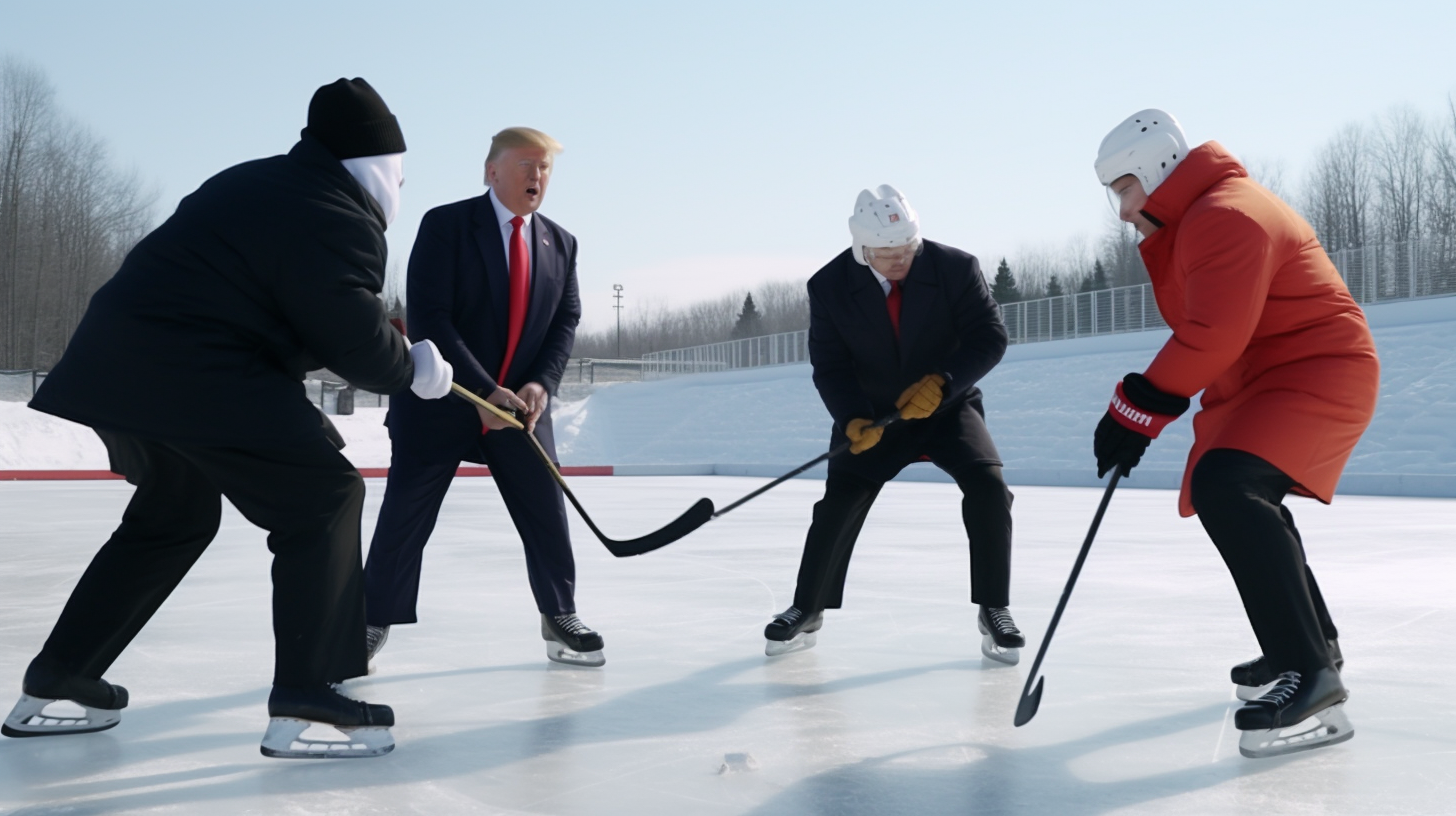 Donald Trump, Putin, Macron, and Kim Jong-un playing hockey