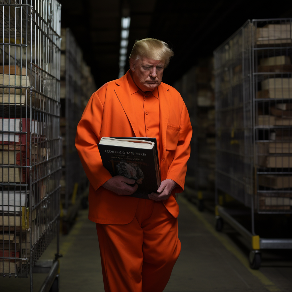 Donald Trump in prison jumpsuit with books