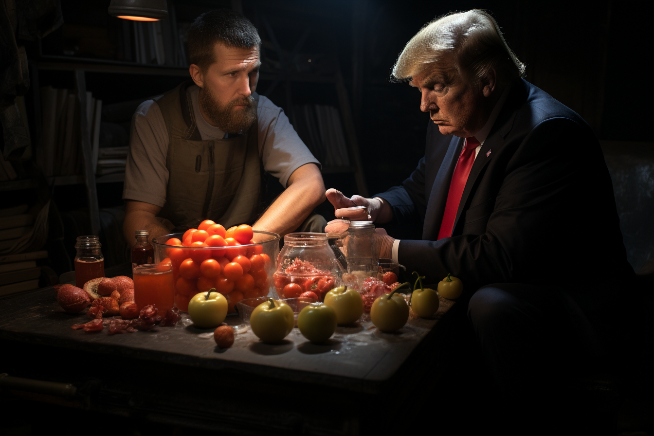 Donald Trump and Rasputin conversing with a sausage mural