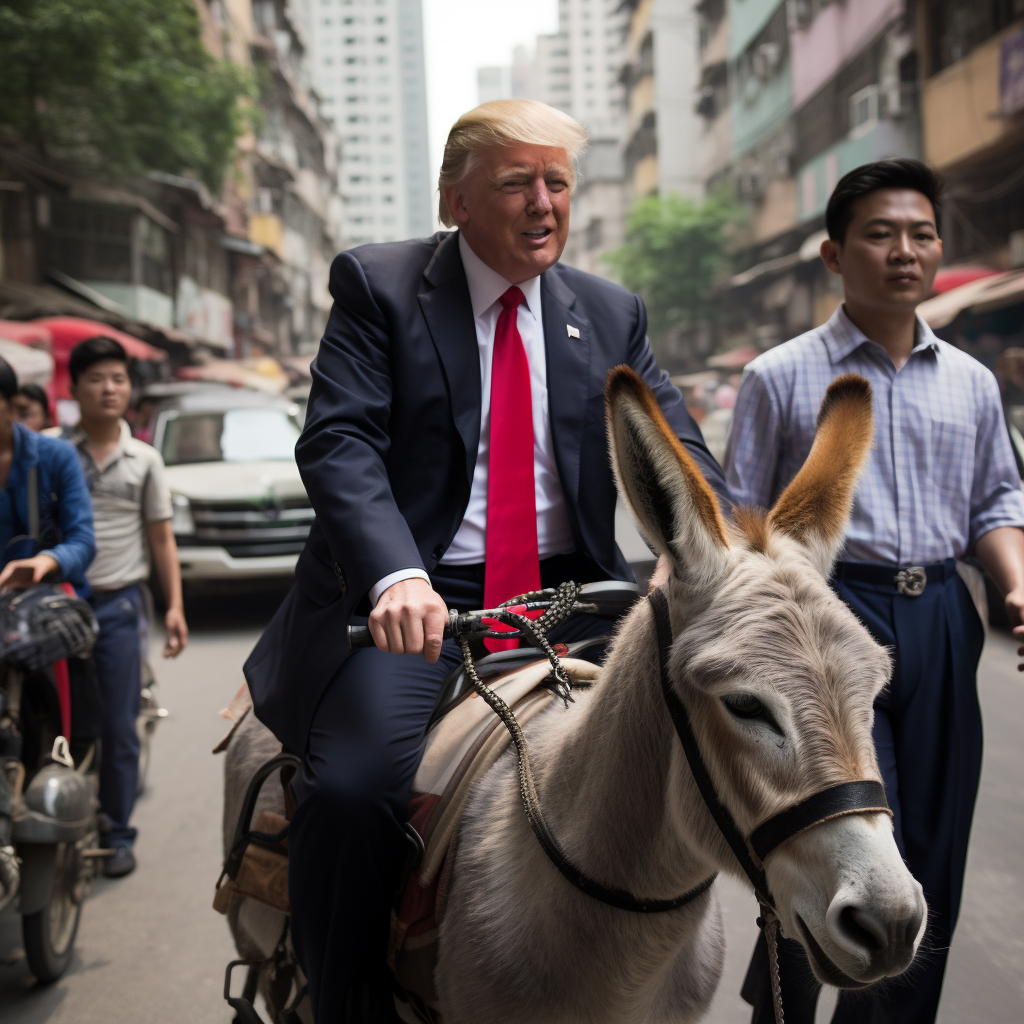 Donald Trump riding a donkey in Shanghai