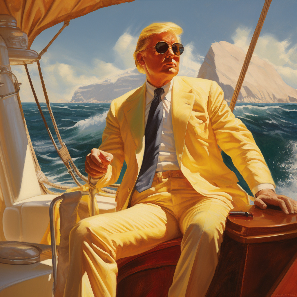 Donald Trump on a yacht with clear blue sea and sunshine