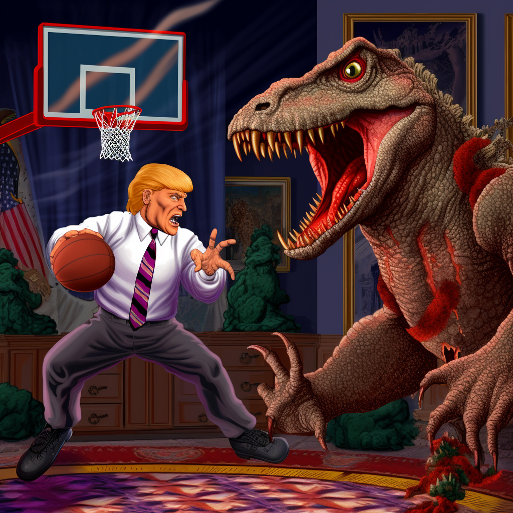 Donald Trump getting dunked on by a T-Rex