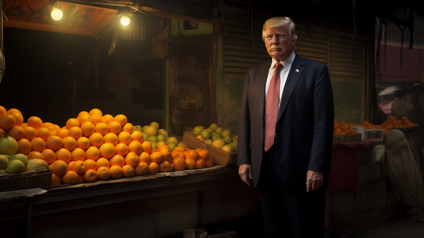 Donald Trump selling oranges outside Indian fruits store