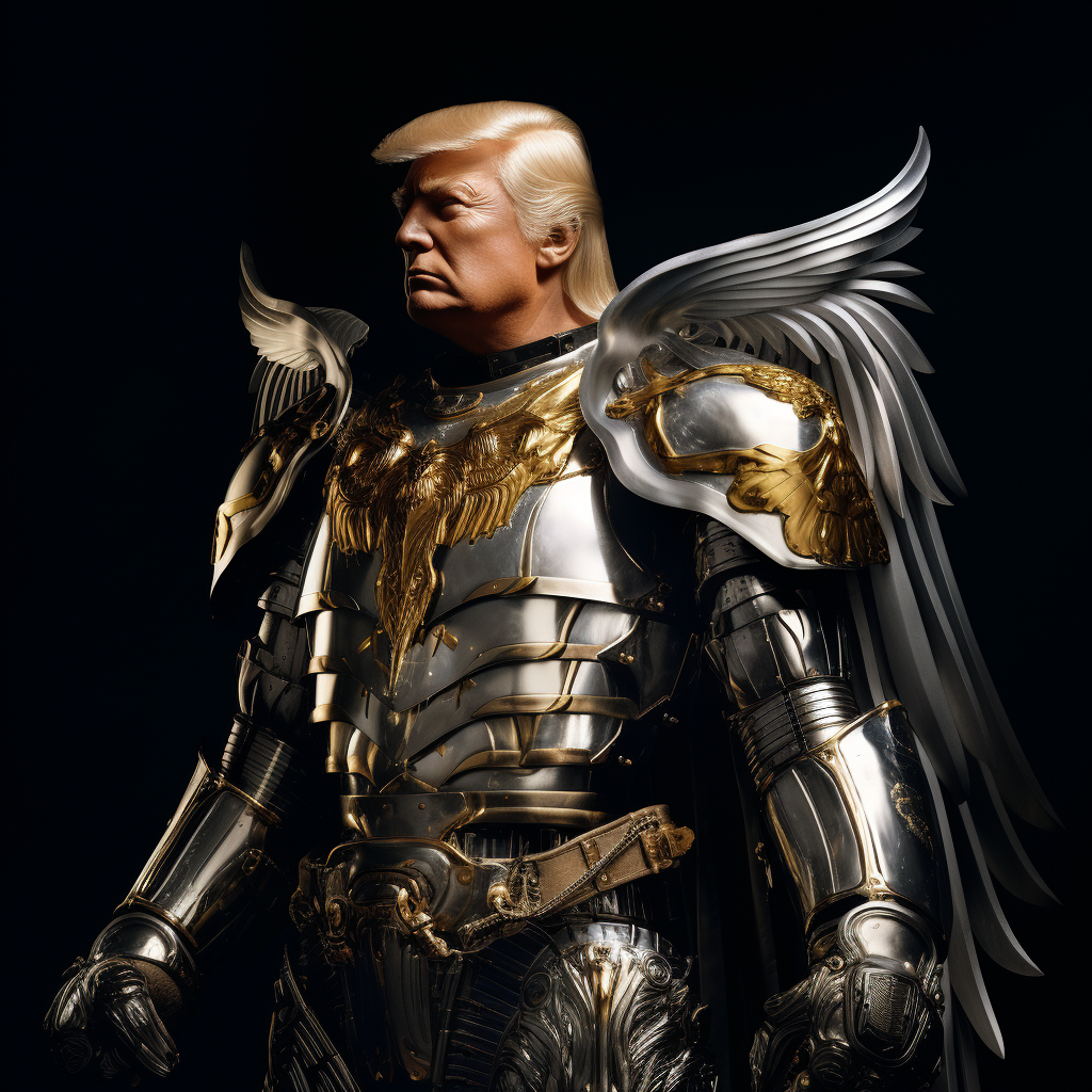 Donald Trump in silver armor with jetpack