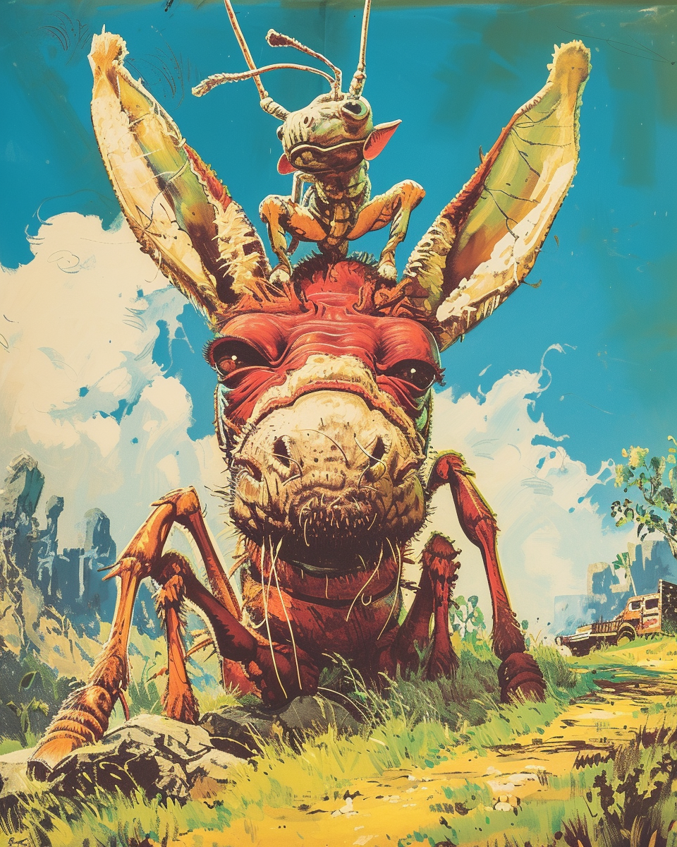 Donkey sitting on giant ant - retro illustration