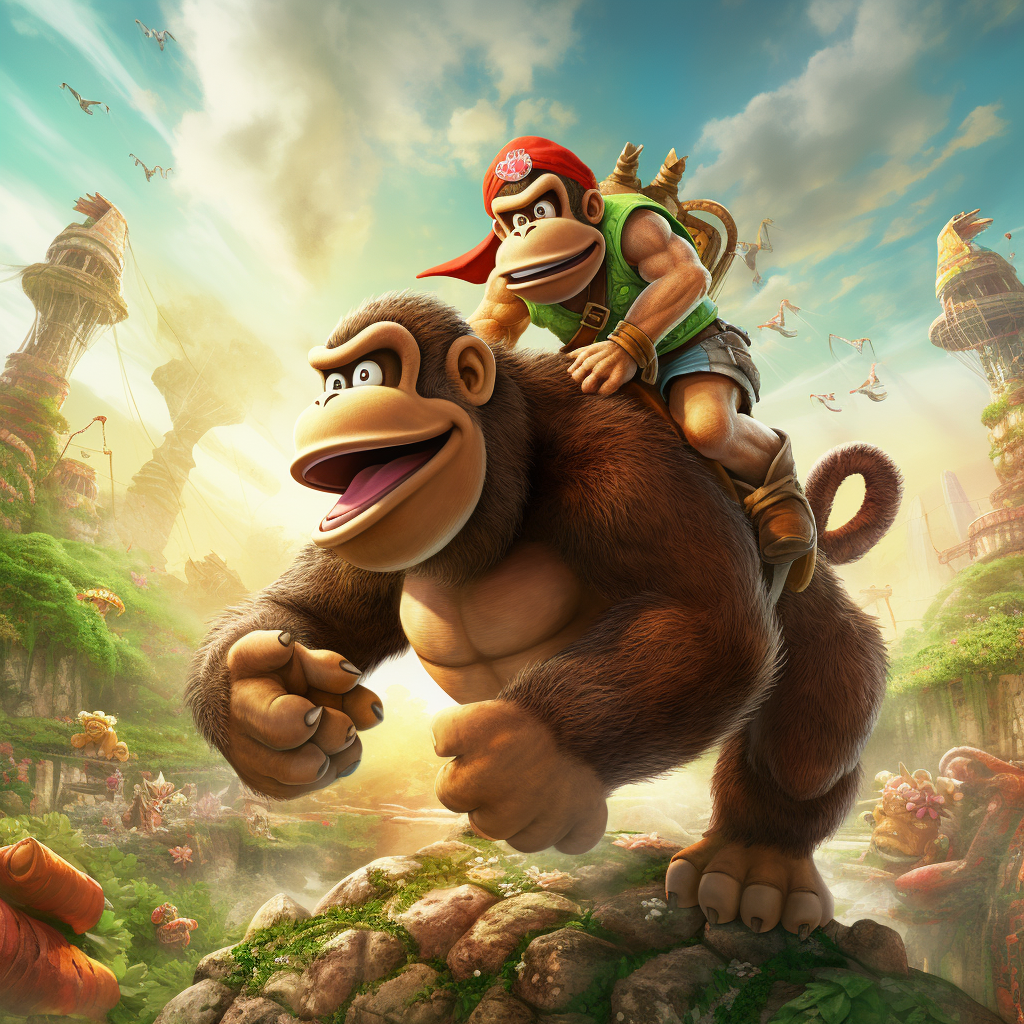 Colorful video game art of Donkey Kong riding Yoshi