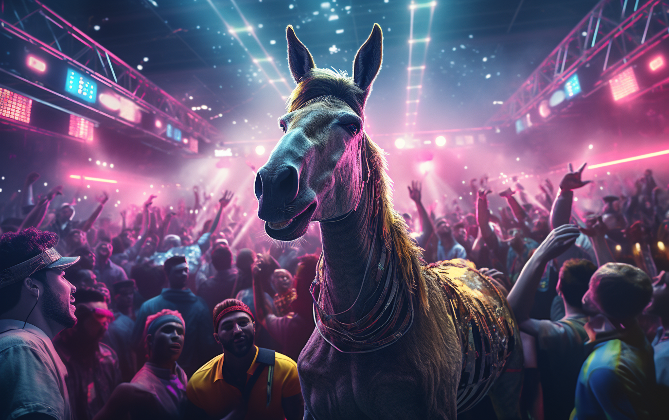 Joyful donkeys partying at a rave