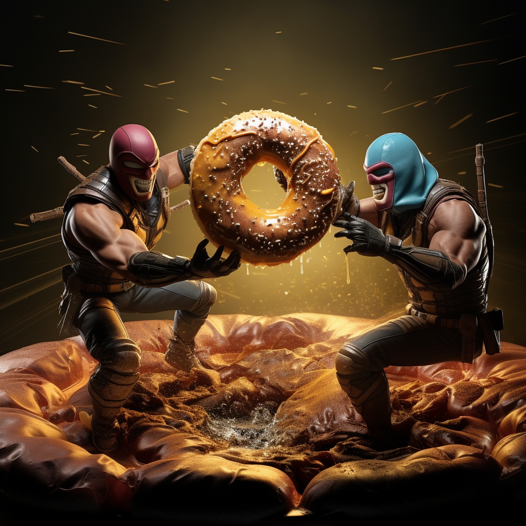 Donuts battling in Mortal Kombat style.