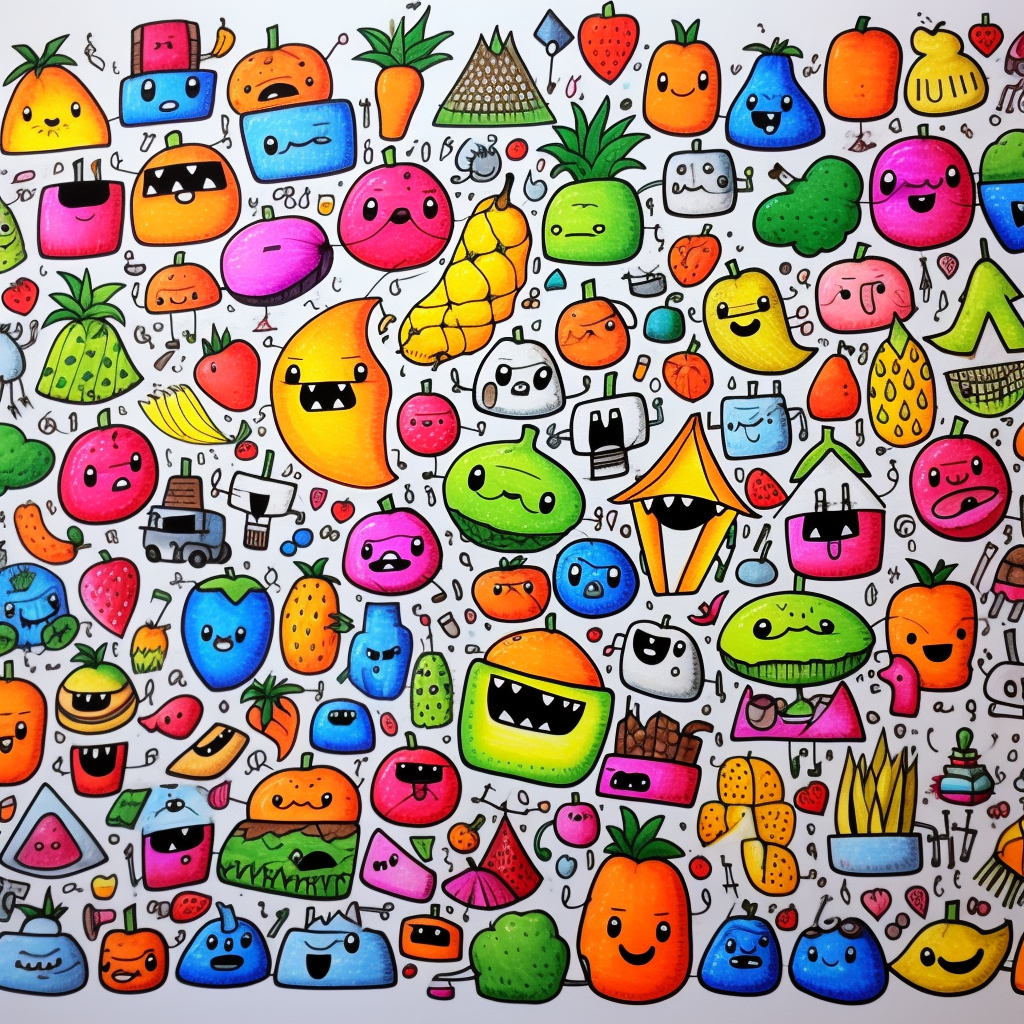 Colorful doodle cartoon characters with fruits and shapes