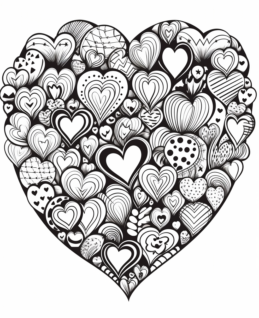 Coloring page with doodle-style hearts