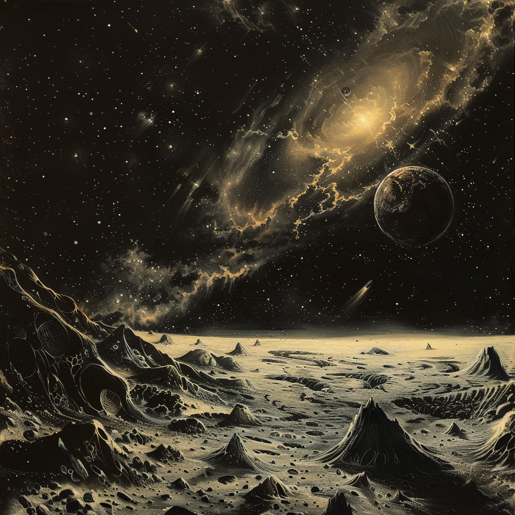 Dark metal space scene art