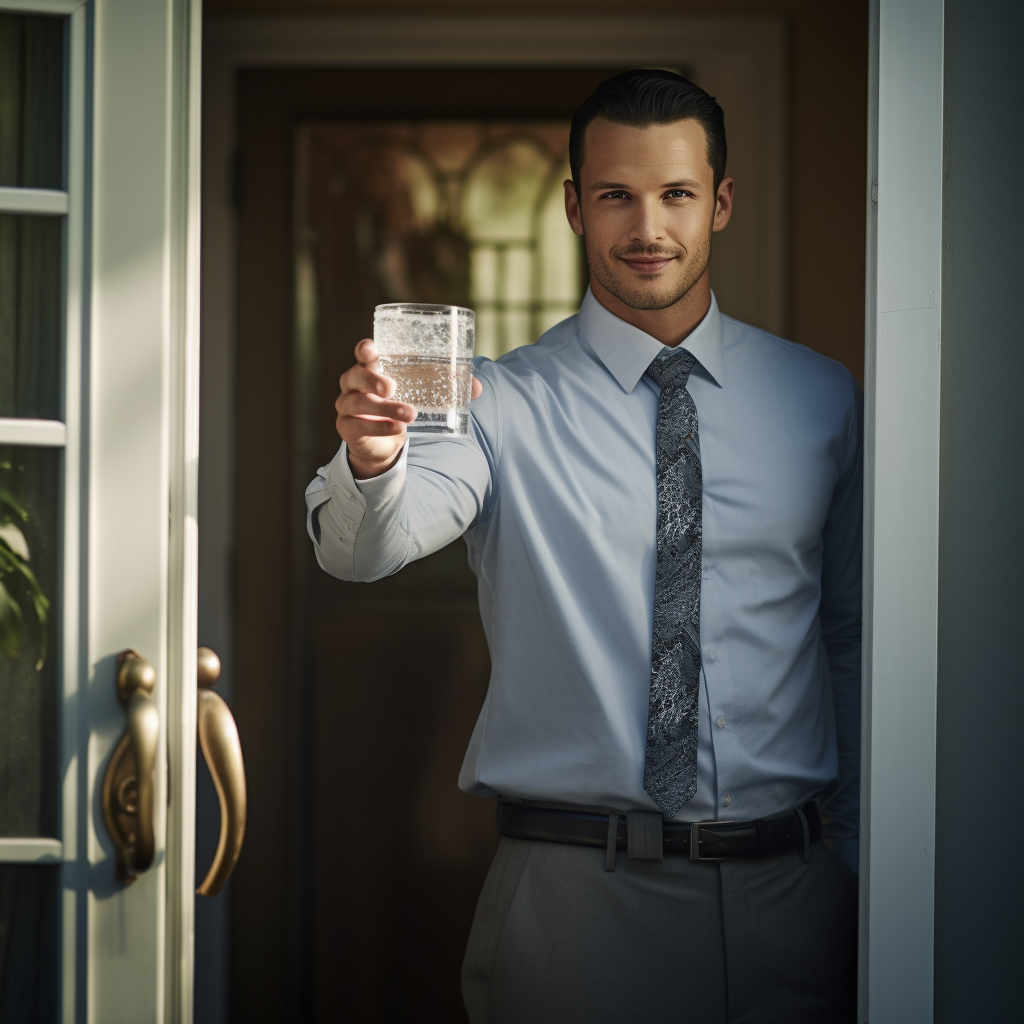 Door Salesperson with Glass of Water