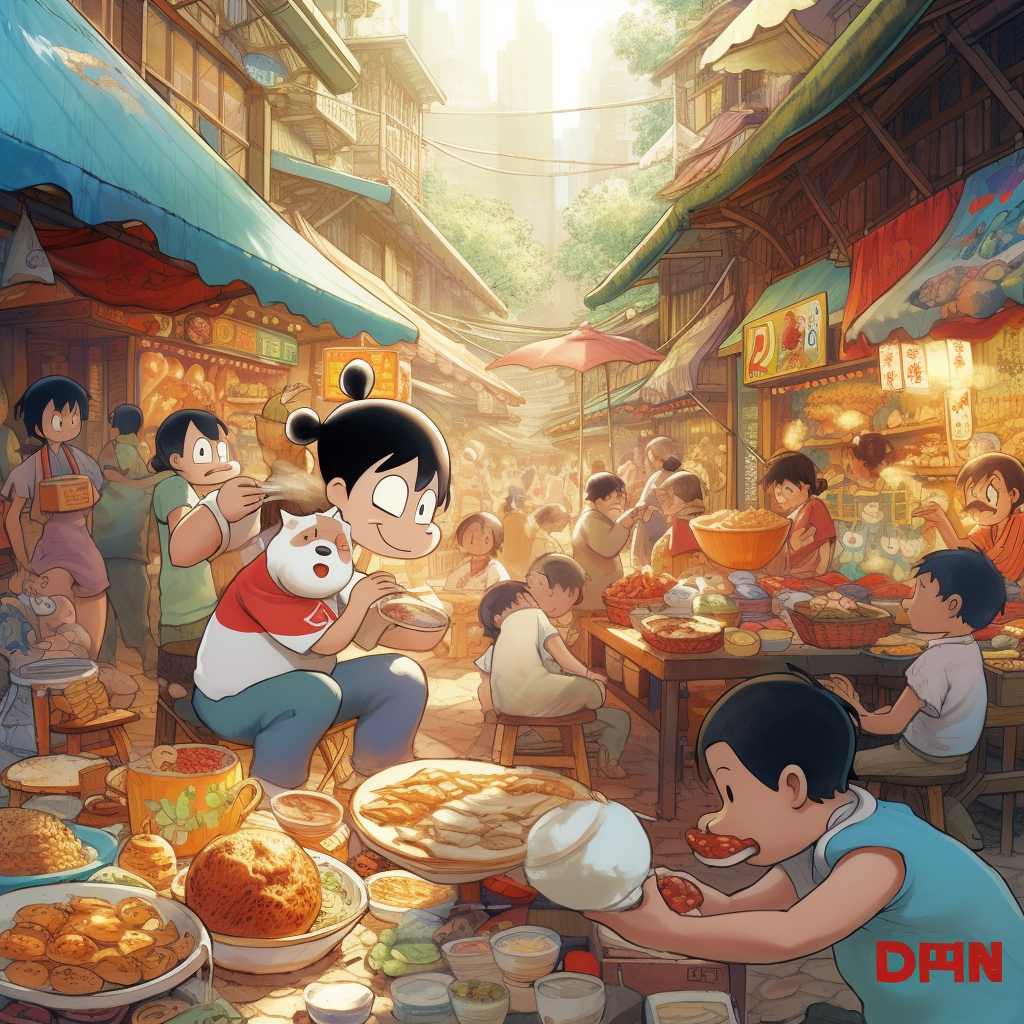 Illustration of Doraemon Eating Doupi in Chinese Marketplace