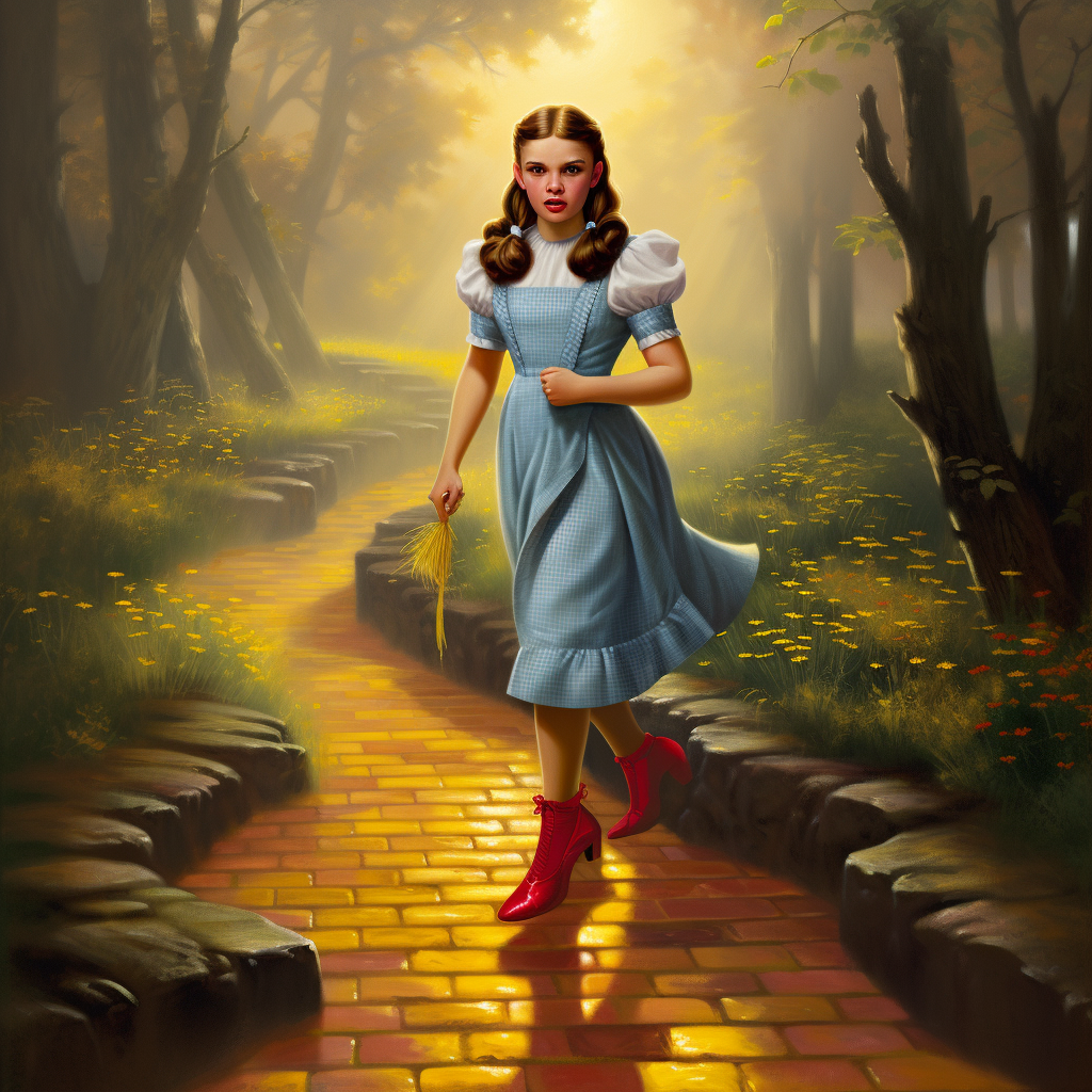 Dorothy skipping down yellow brick road