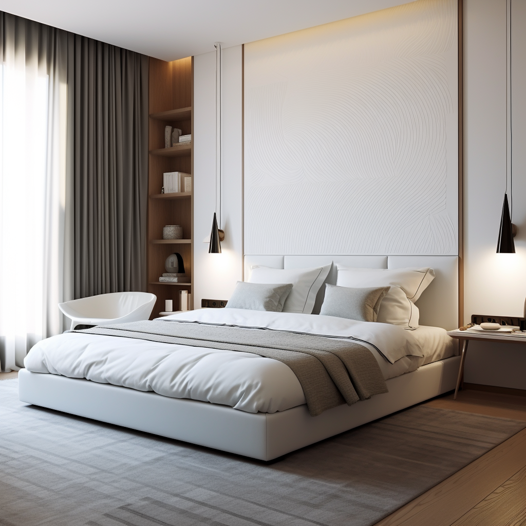 Modern double bedroom with white leather bed