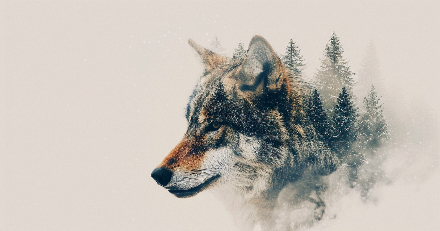 Double exposure of wolf and winter forest