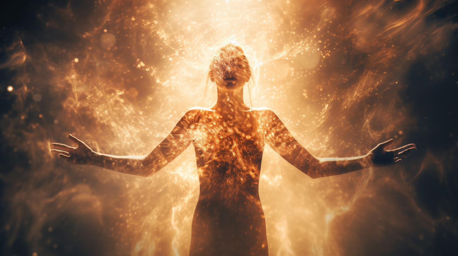 Double exposure woman reaching light particles