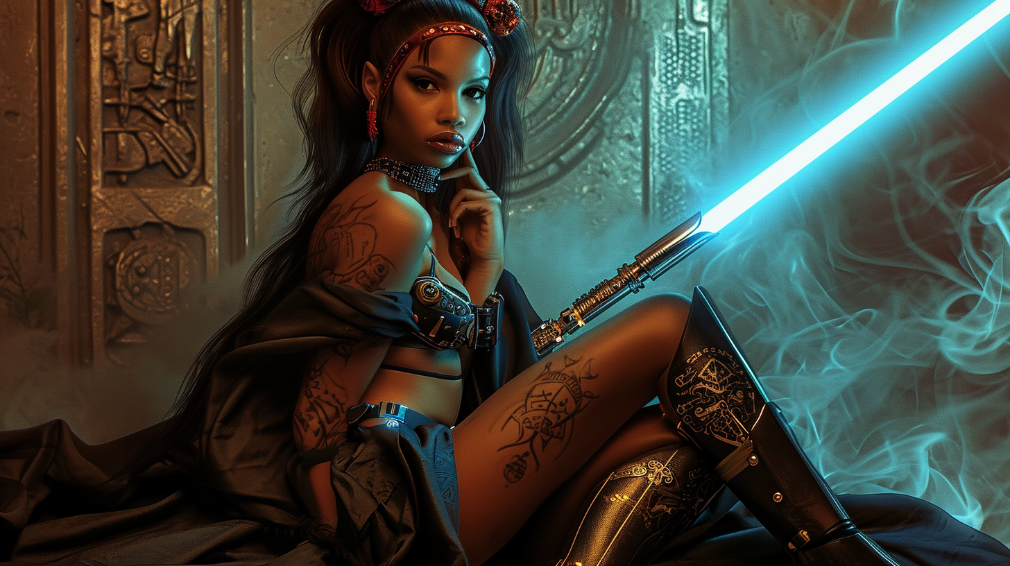 Jedi rockabilly with long hair and lightsaber