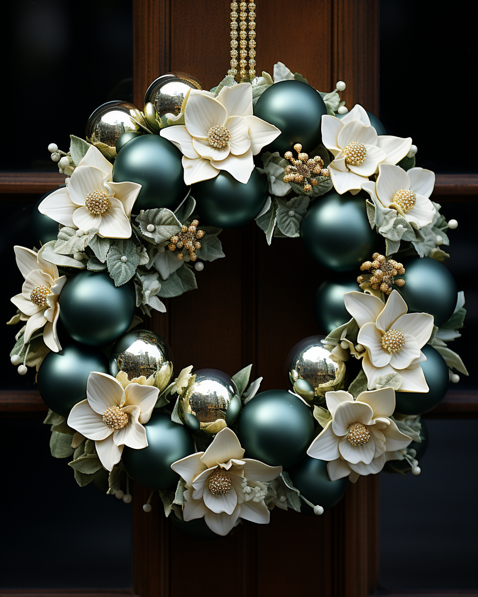 Sophisticated holiday wreath with white ornaments and flowers