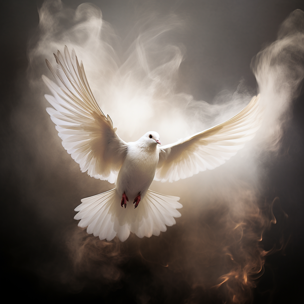 Dove flying through smoke