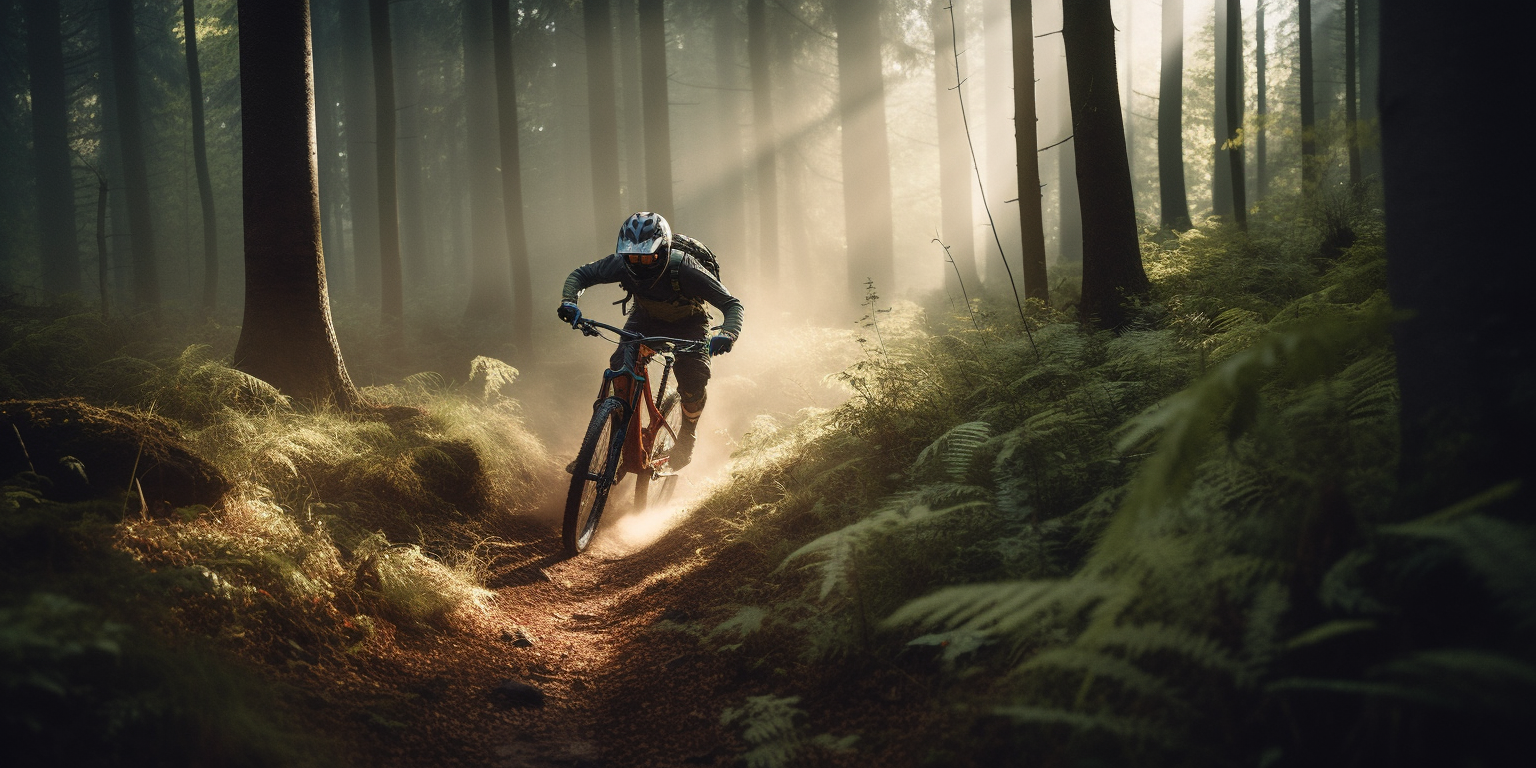 Downhill mountain biker in sunny forest