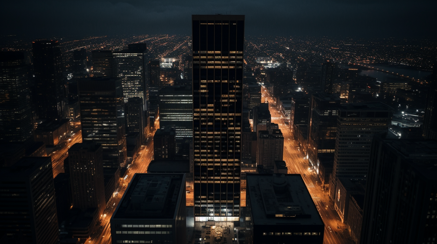 Aerial view of a slender skyscraper in downtown Chicago