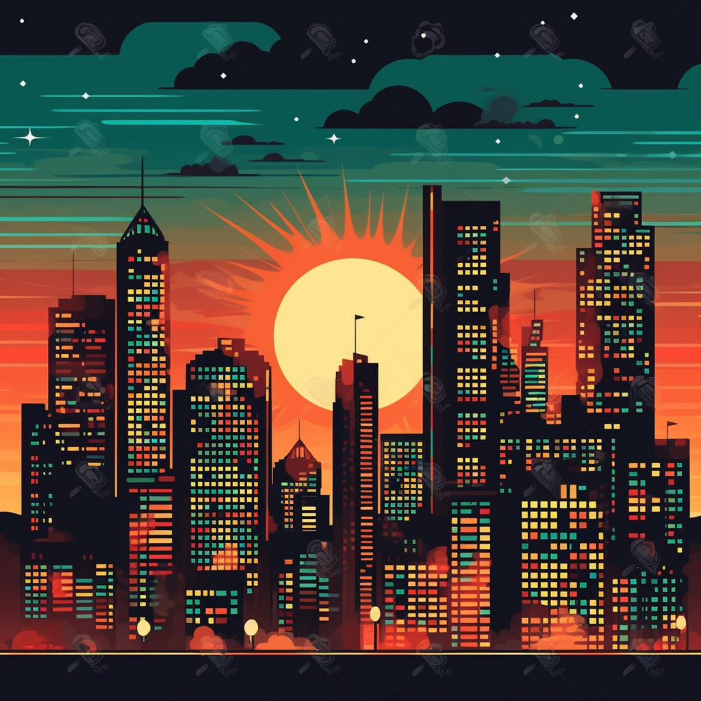 Illustration of downtown cityscape at night