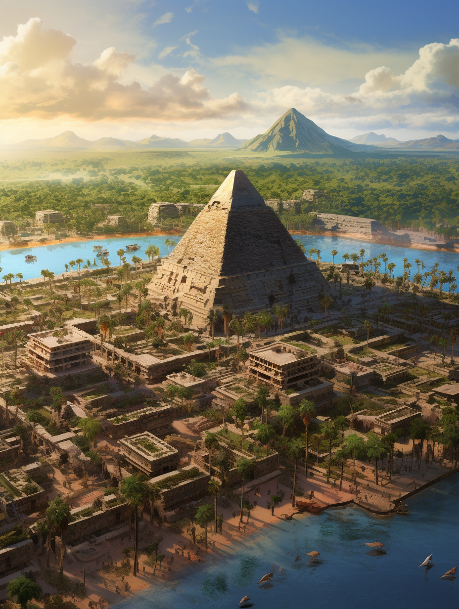 Aerial view of downtown island city with Aztec pyramid and Studio Ghibli