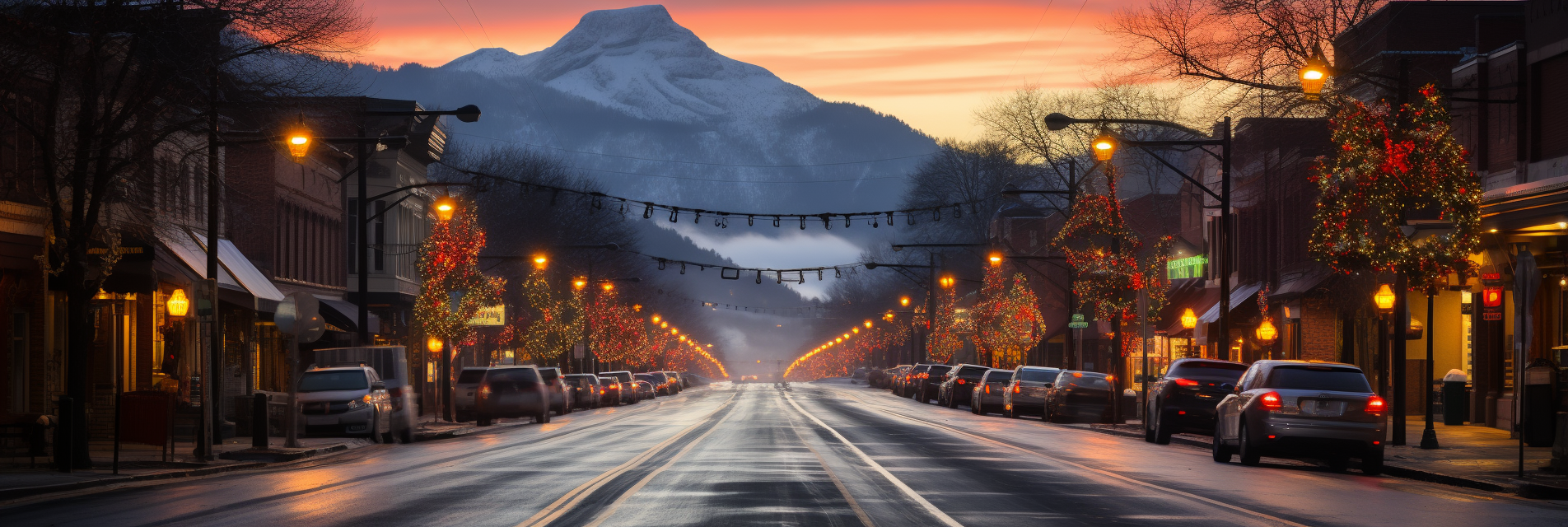 Christmas lights shining in mountain village