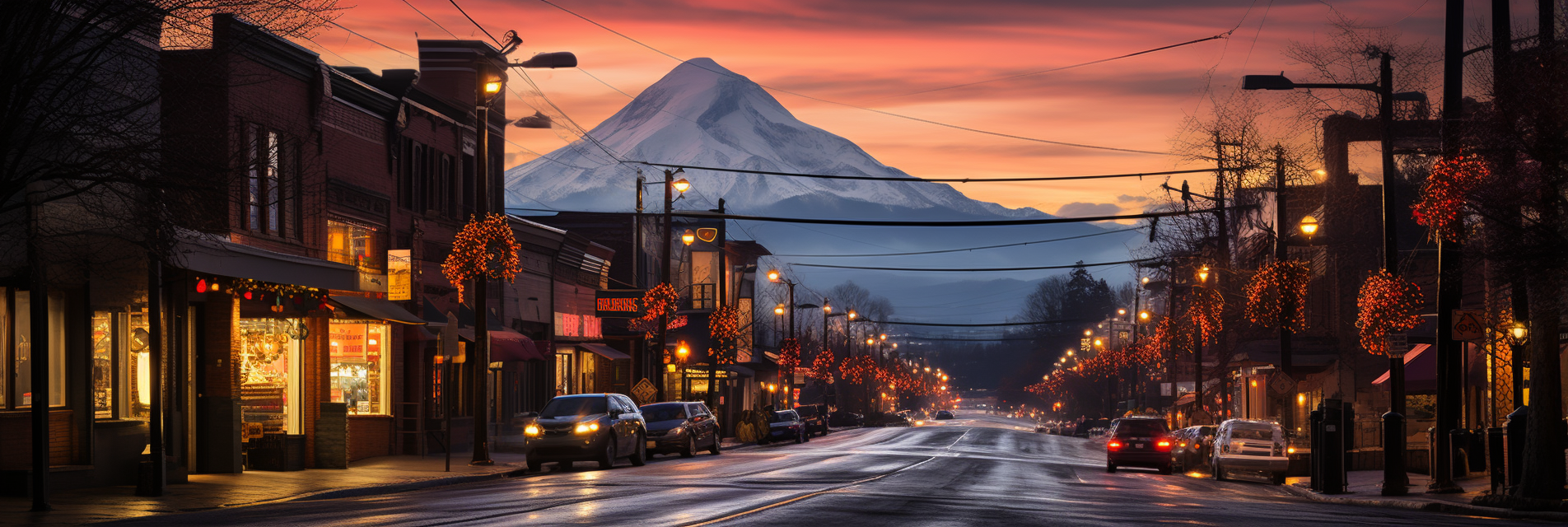 Snow-covered streets with Christmas lights