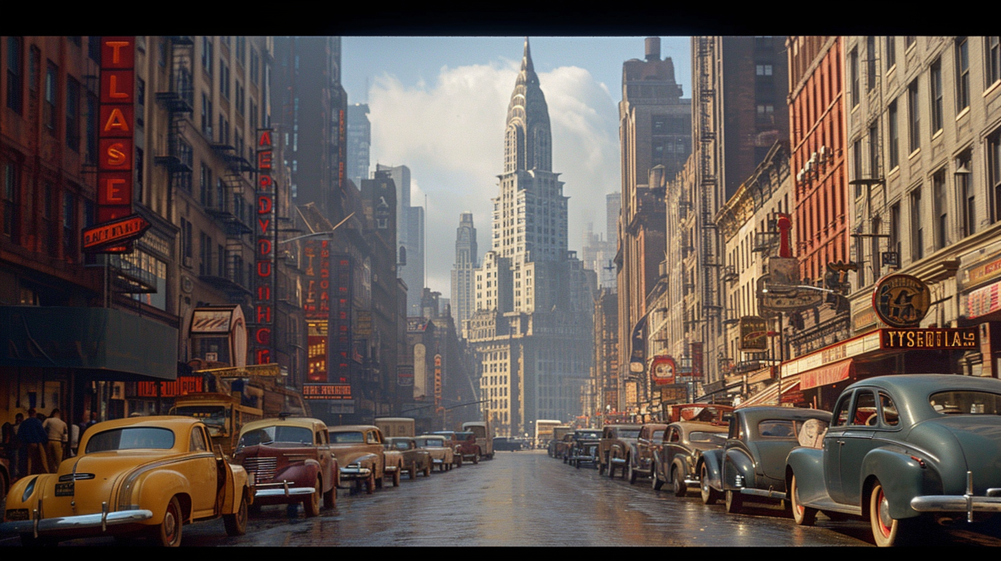 Downtown New York 1940s Hyperrealistic Scene