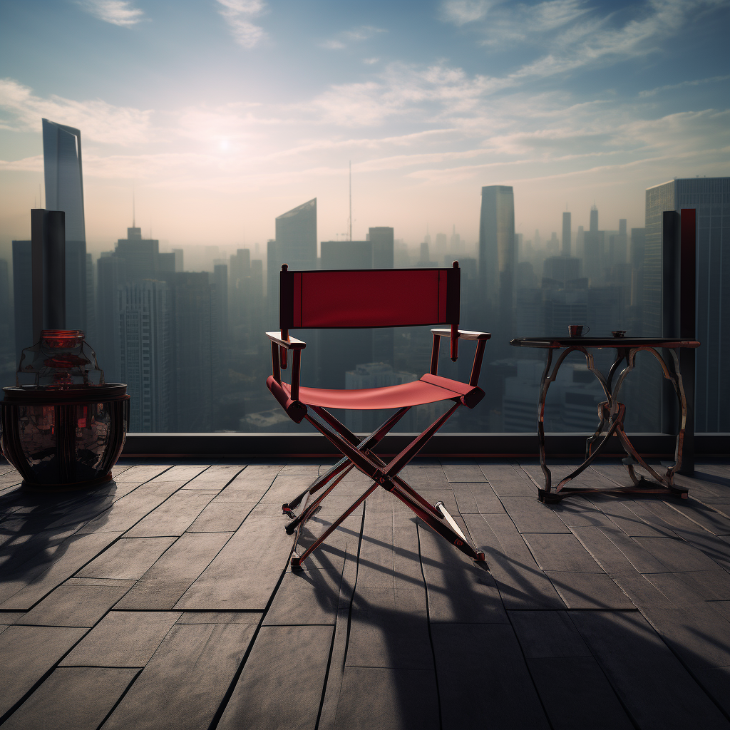 Director-style chair on rooftop overlooking skyscrapers