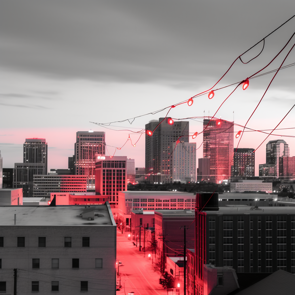 Black and white skyline with red cord and wire