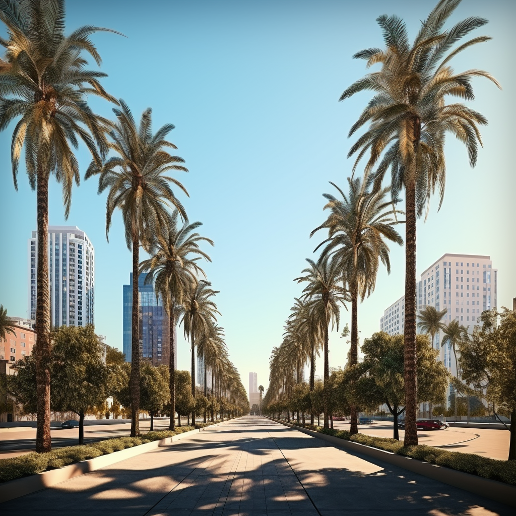 Picturesque avenue of California palm trees