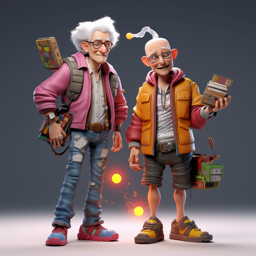 Full body 3D art of Dr. Emmett Brown and Marty McFly