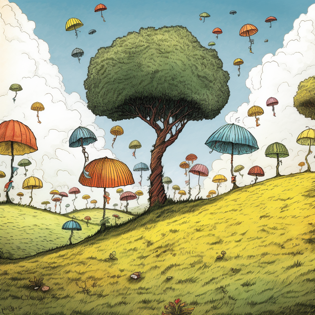 Dr. Seuss-themed hills, trees, umbrellas