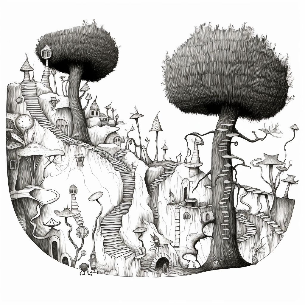 Ink drawing of Dr. Suess-themed cave