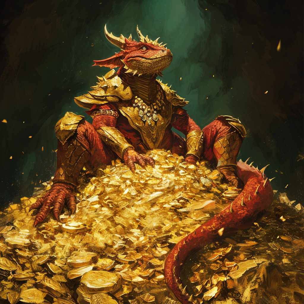 Lizardman sitting on gold pile