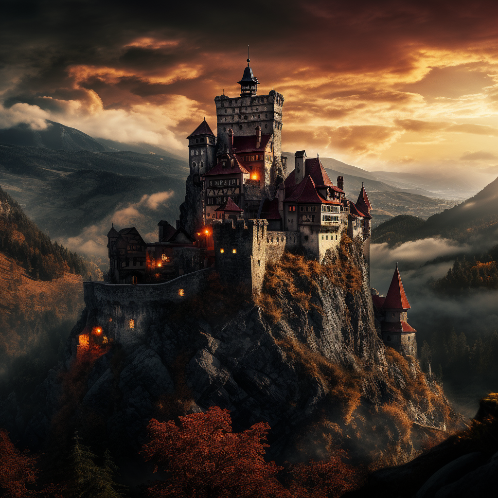 Dracula Castle on High Cliff over Village