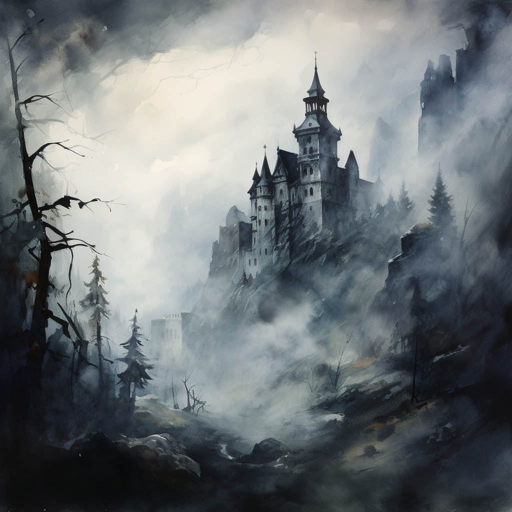 Dracula's castle in mist with vampire