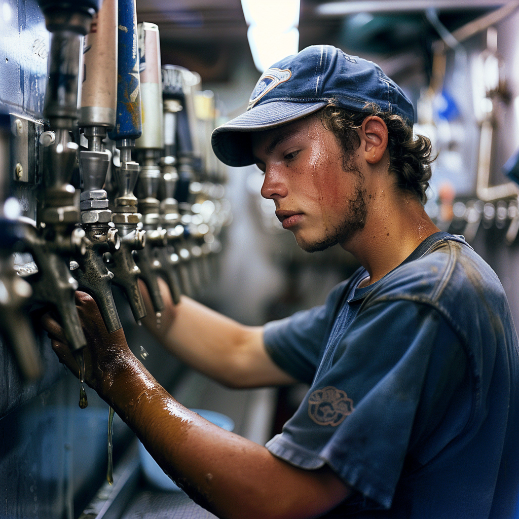 Young man cleaning draft beer lines