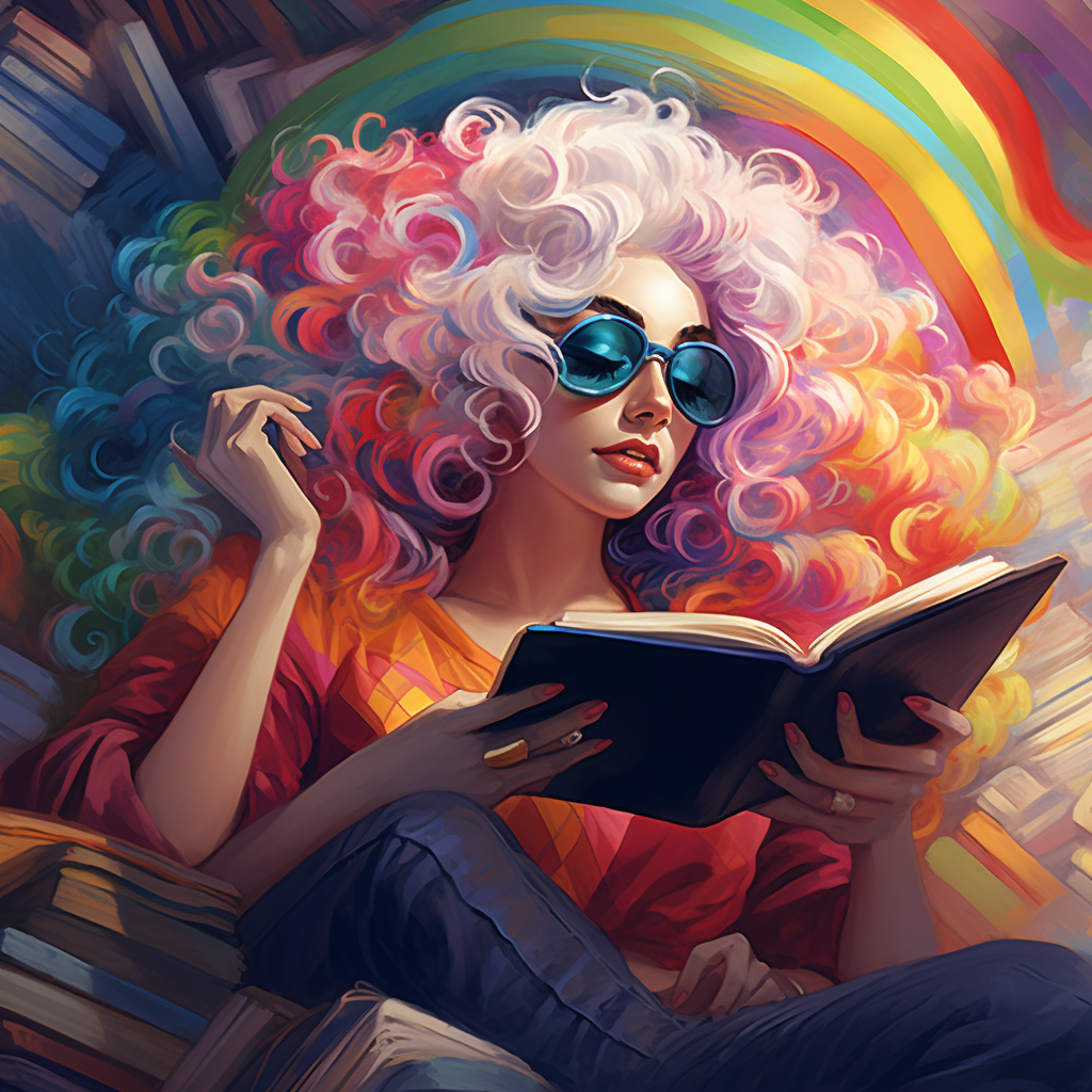 Drag queen reading book in rainbow library