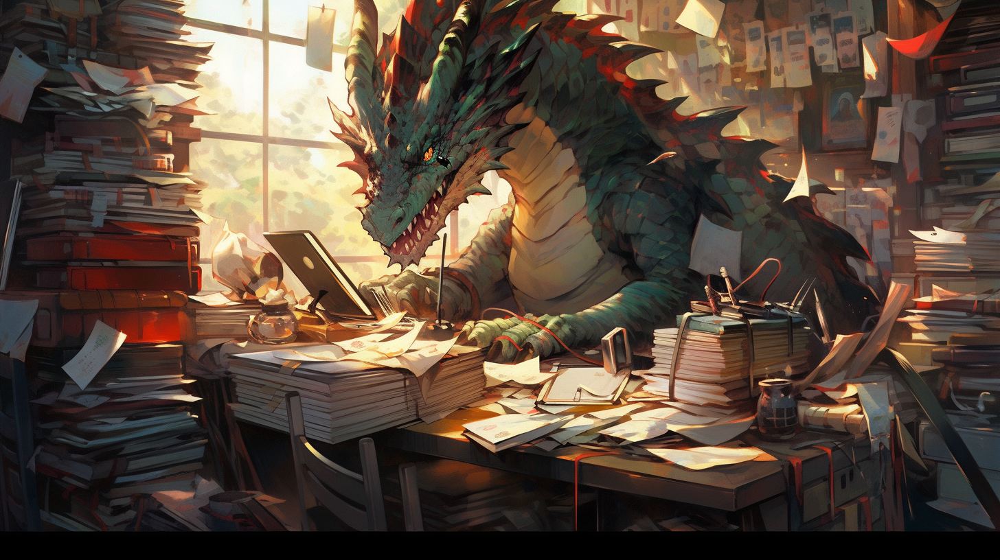 Anthropomorphic dragon working on a desk full of books