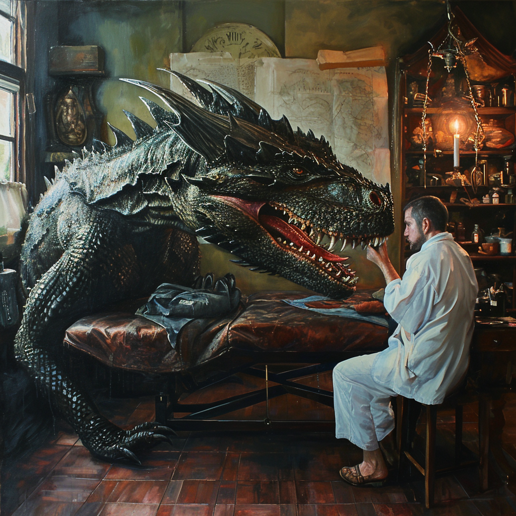 Dragon chiropractor treating a dragon patient