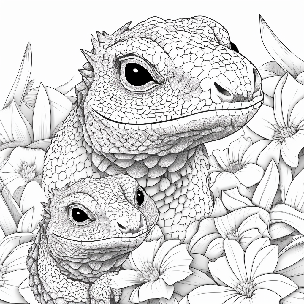 Adorable Komodo Dragon and Baby Coloring Page