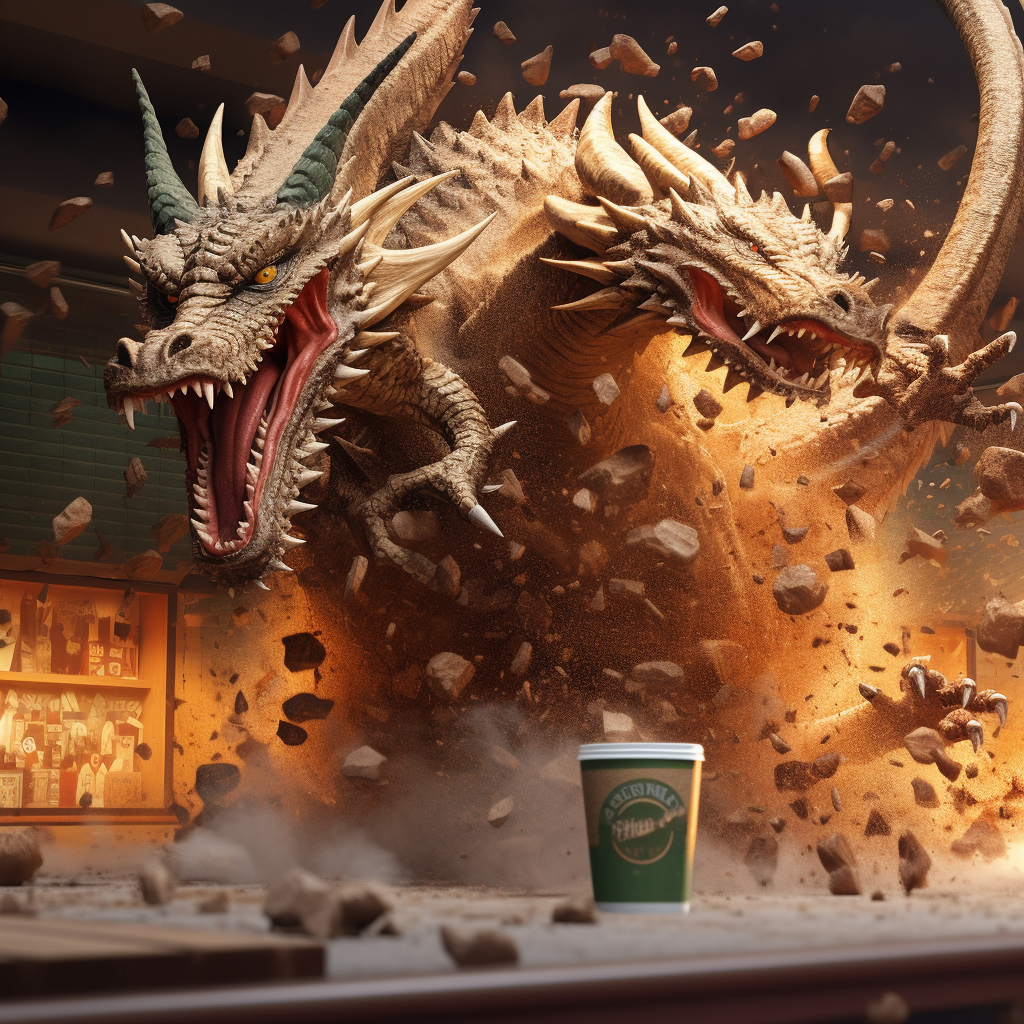 Photorealistic dragon destroying Starbucks in action