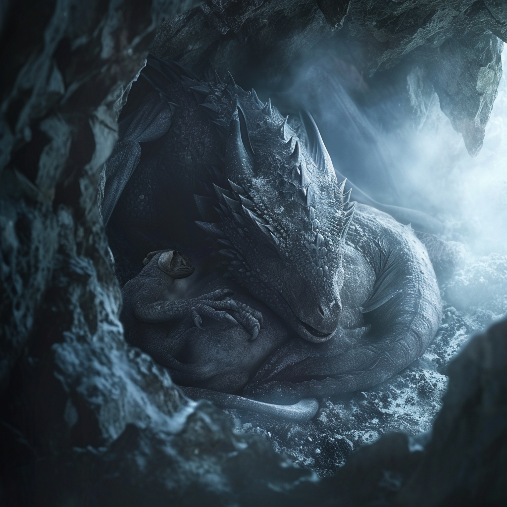 Dragon and Hatchling in Cave during Blizzard