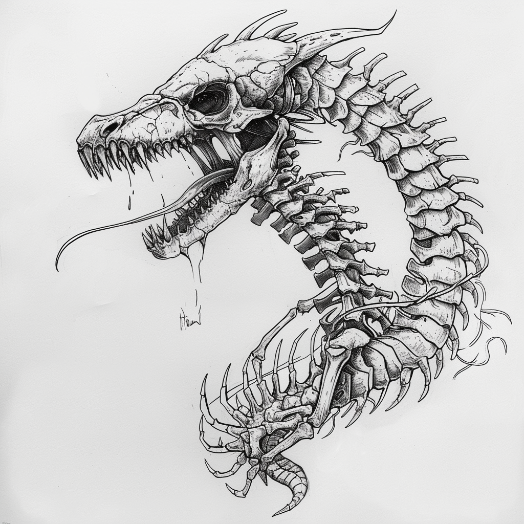 Dragon Skeleton Snake Tail Line Art