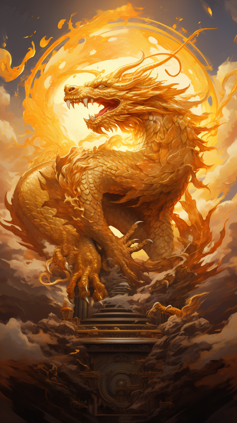 Dragon King of Wealth surrounded by Sun and Golden Cloud